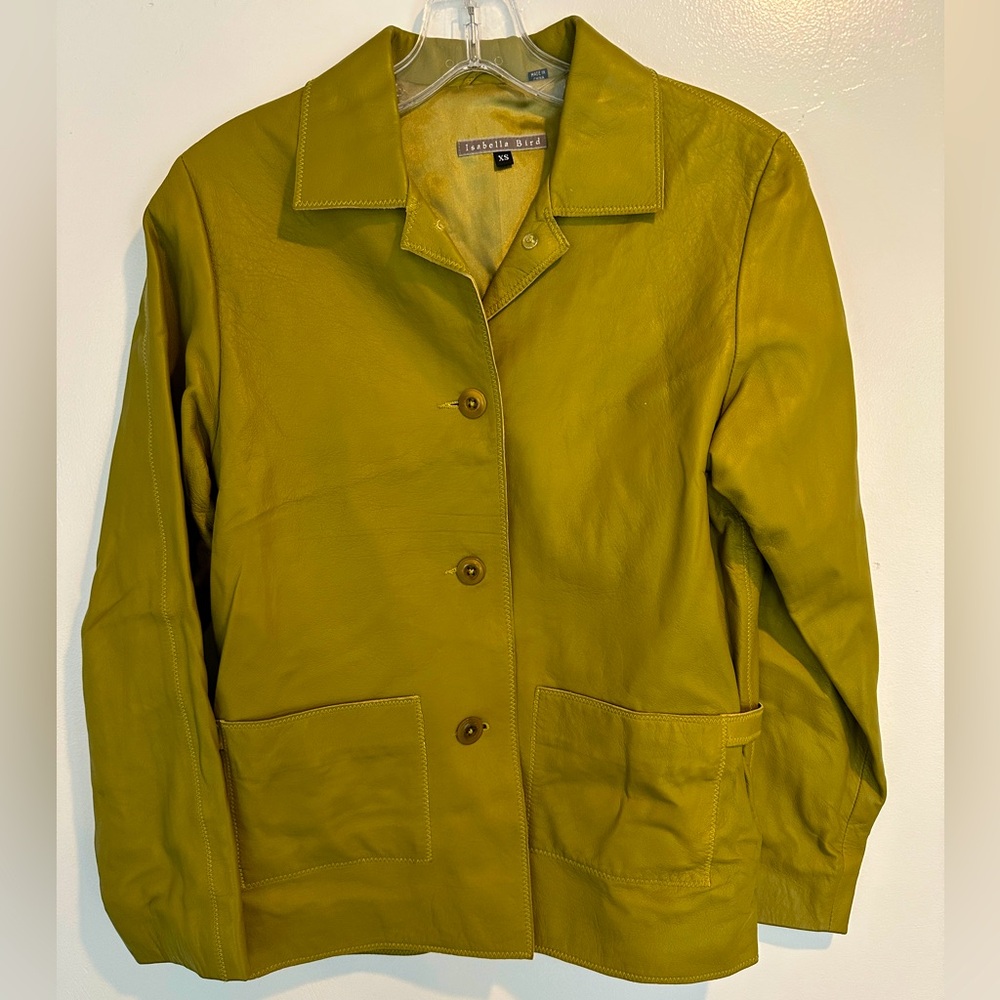 Isabella Bird - Green Leather Jacket Classic Collar Utility Style